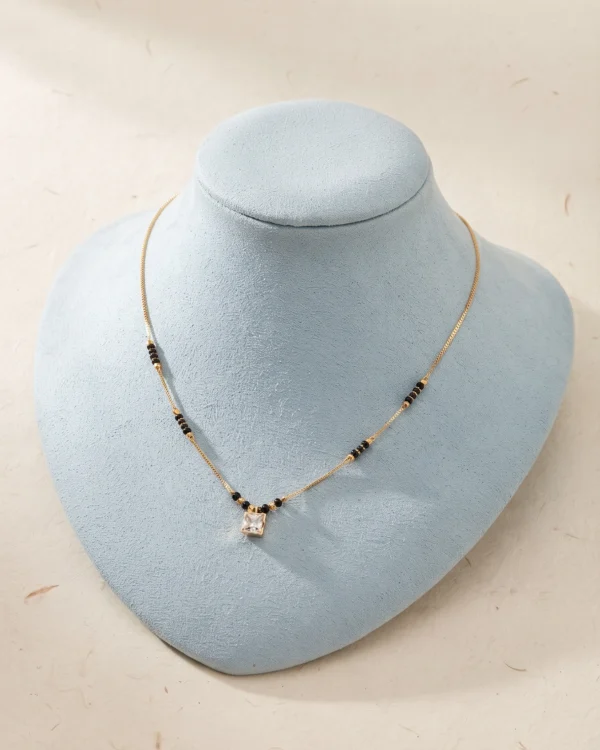 Gold-Plated Black Beaded Square Pendant Mangalsutra