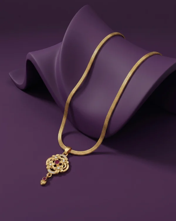 Floral Ruby-Inspired Gold Pendant with Snake Chain