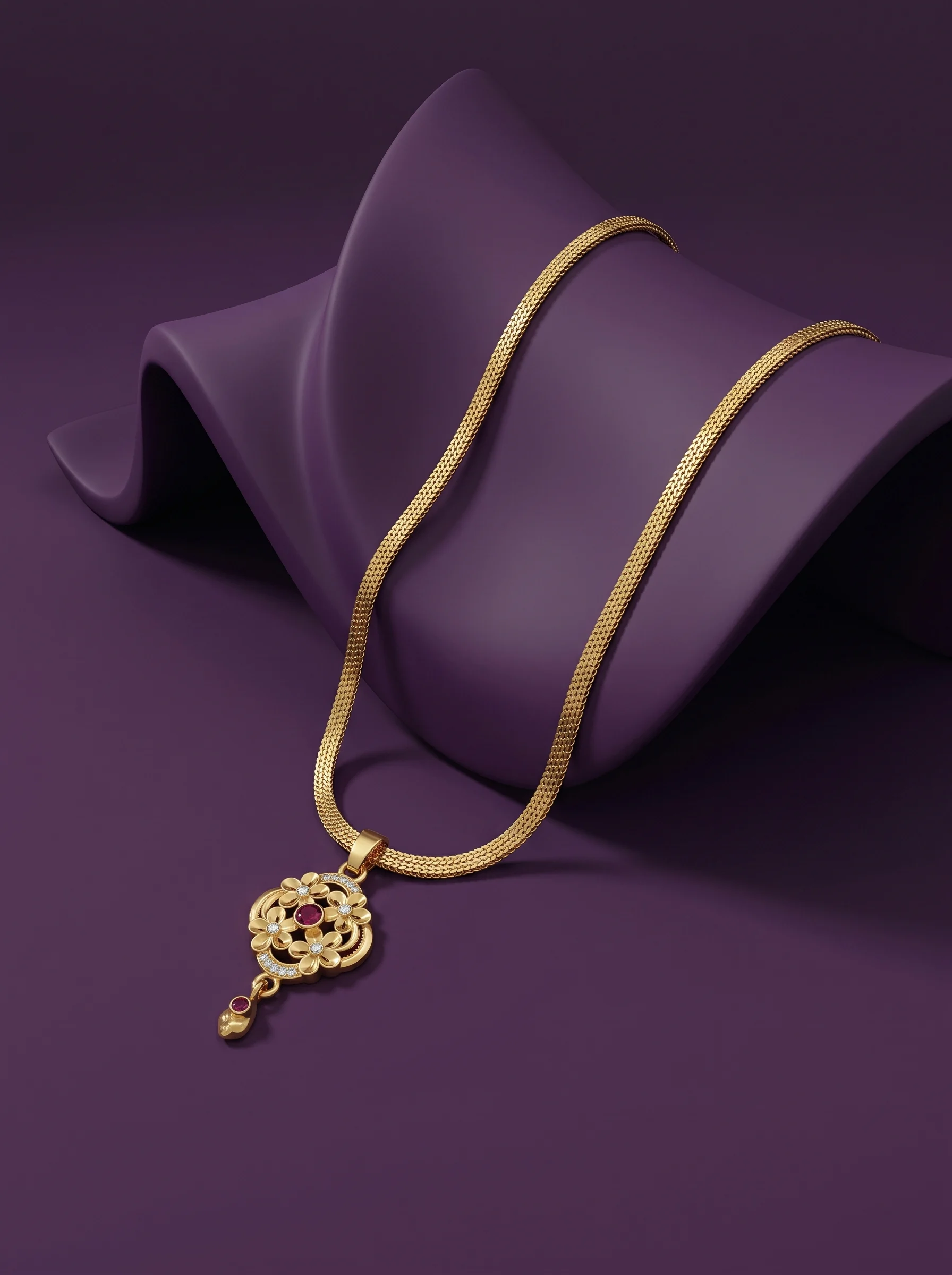Floral Ruby-Inspired Gold Pendant with Snake Chain