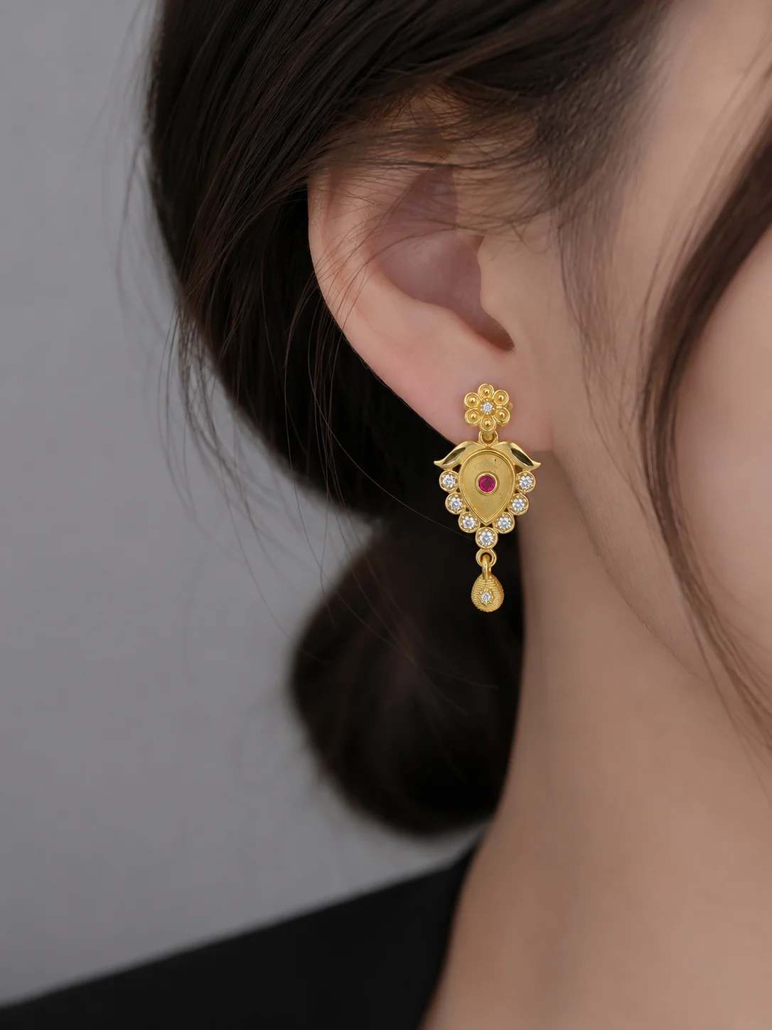Ruby Bloom Gold Drop Earrings - Image 2