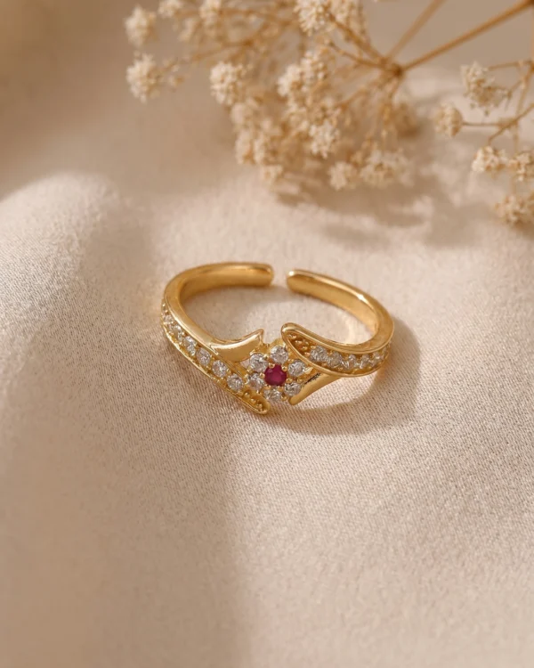 Gold Plated Floral Ruby Adjustable Ring