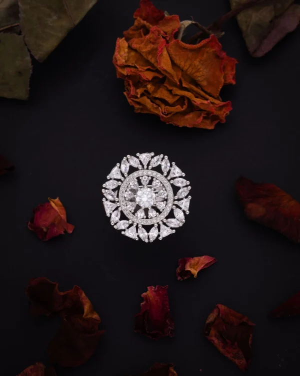 Crystal Flower Silver Ring