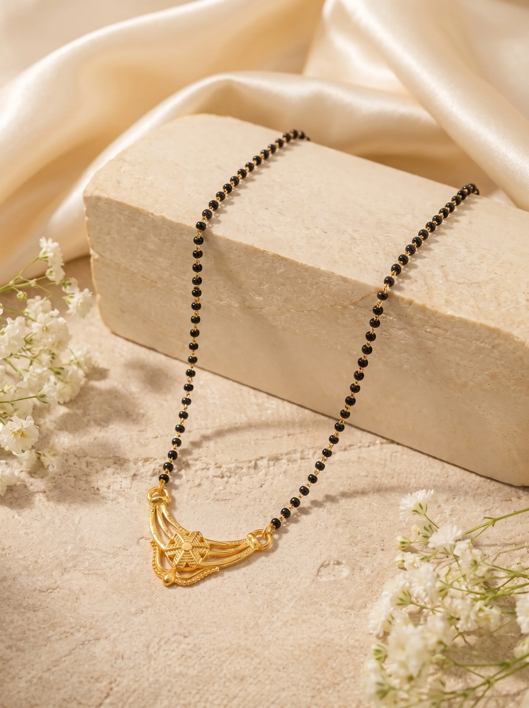 Minimal Gold Pendant Black Bead Mangalsutra - Image 2