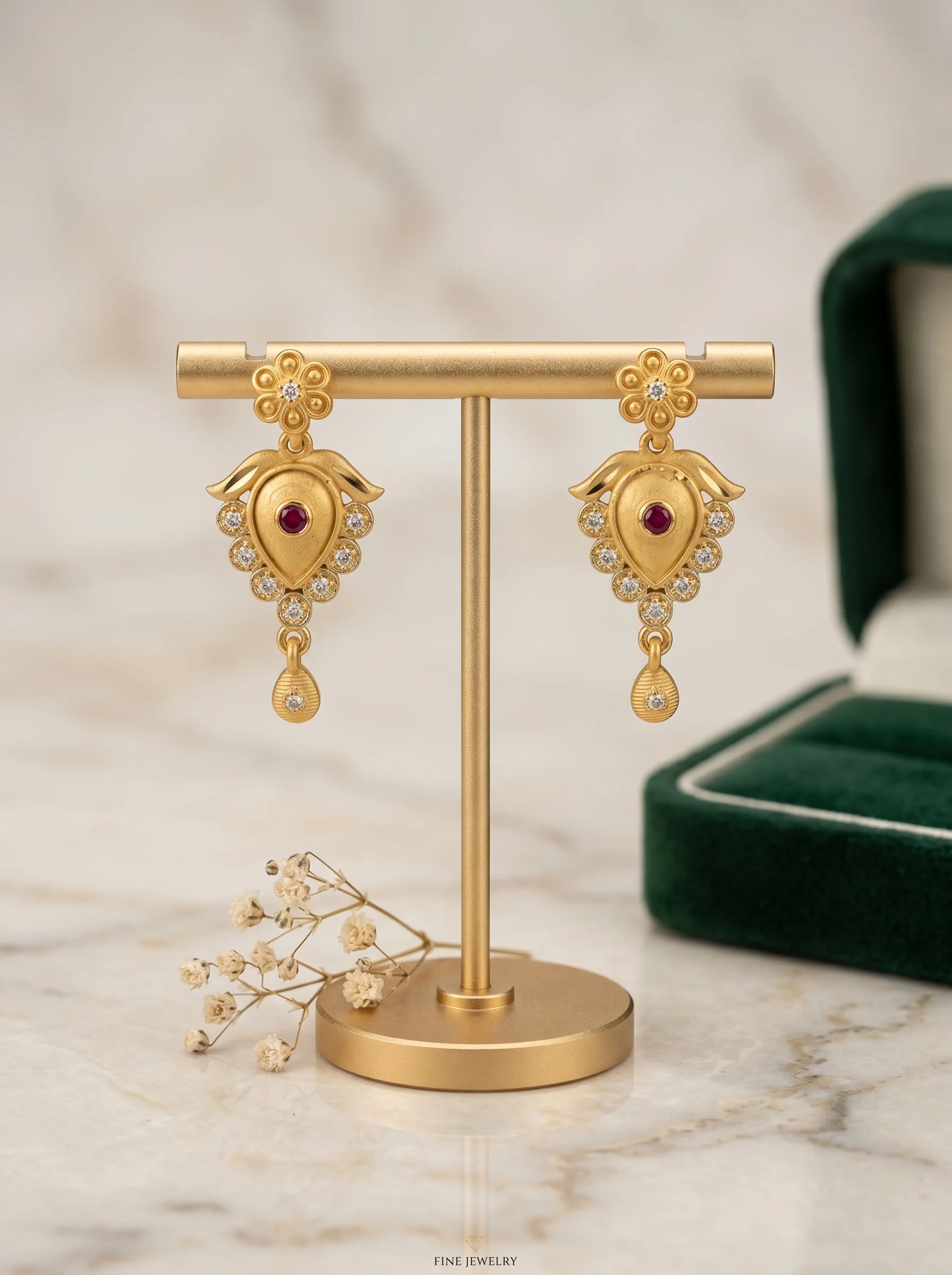 Ruby Bloom Gold Drop Earrings - Image 4