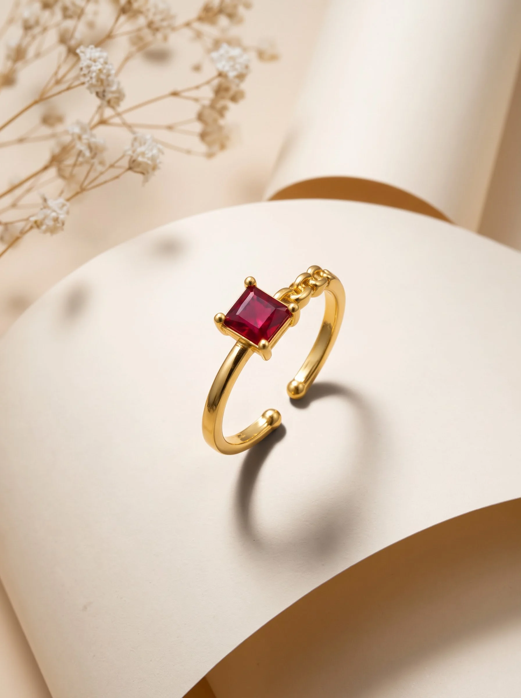 Square Ruby Red Stone Gold Plated Adjustable Ring