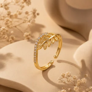 Gold Plated Leaf Adjustable CZ Ring