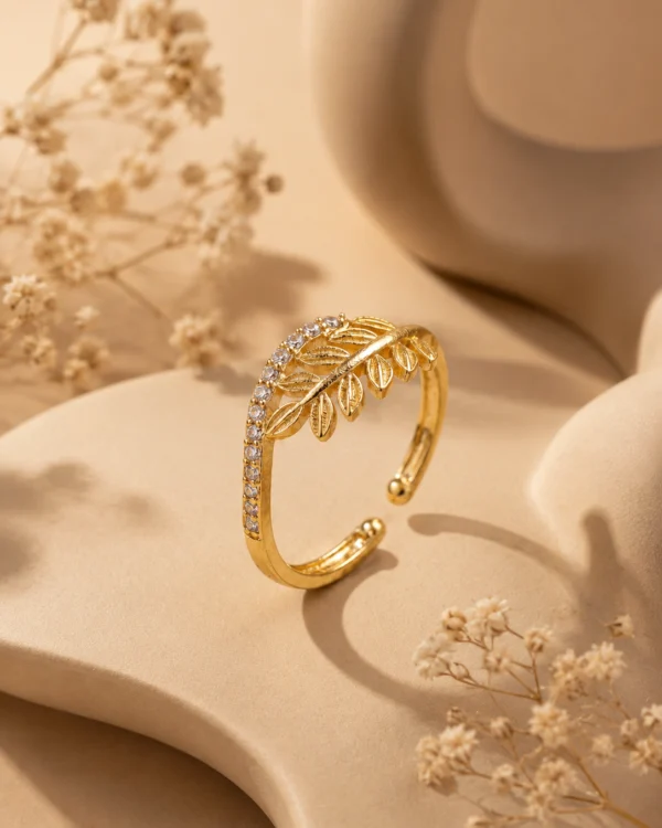 Gold Plated Leaf Adjustable CZ Ring