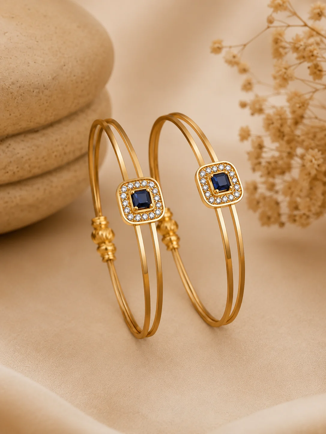 Midnight Blue Square Crystal Gold-Tone Bangles