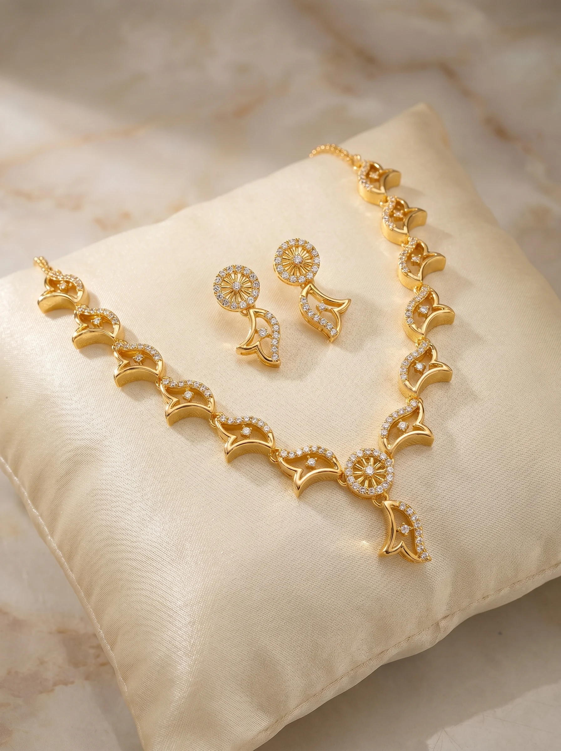 Gold Plated Floral Designer CZ Necklace Set