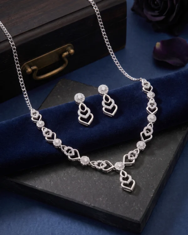 Silver Plated Heart Design CZ Necklace Set