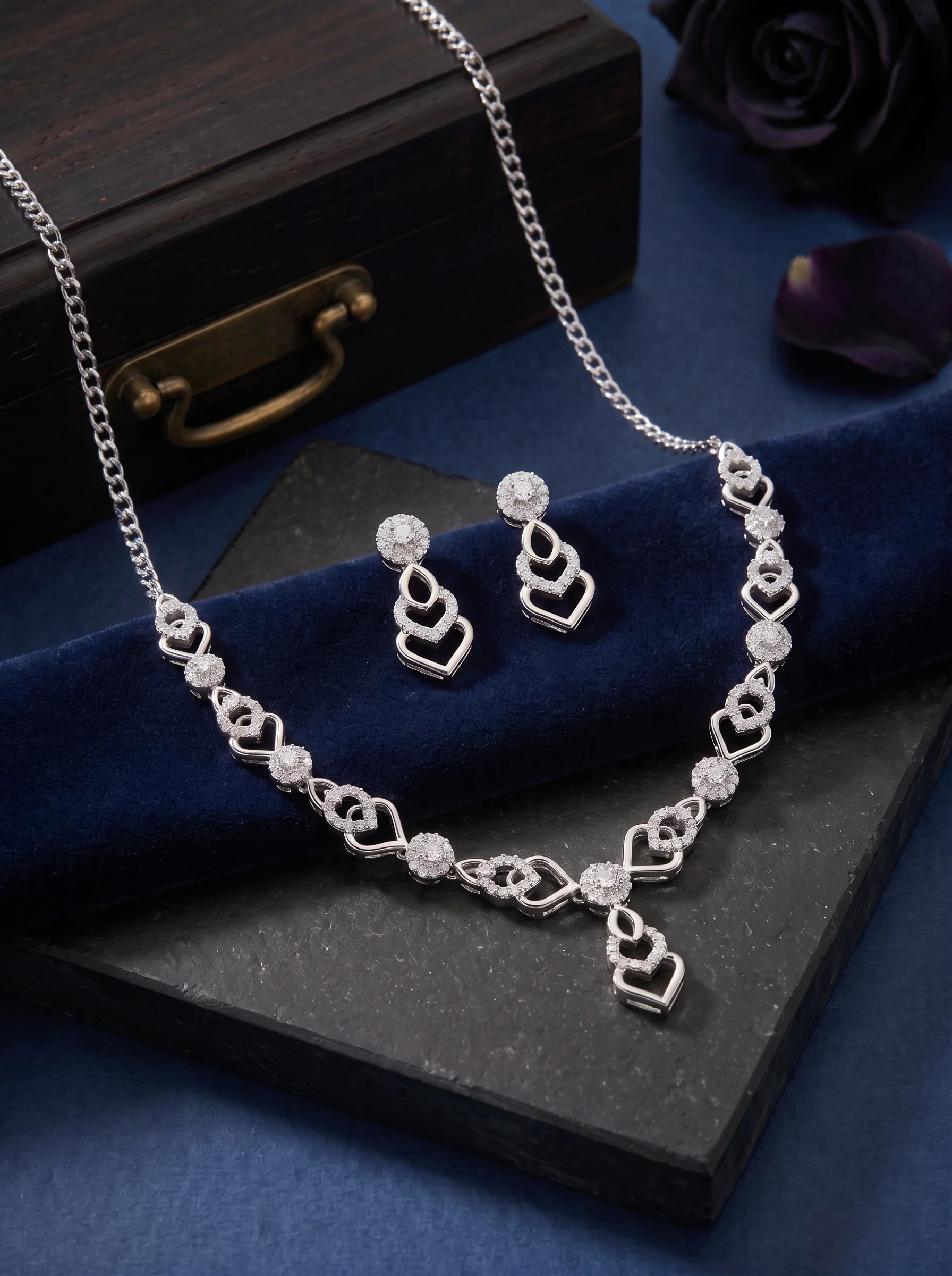 Silver Plated Heart Design CZ Necklace Set