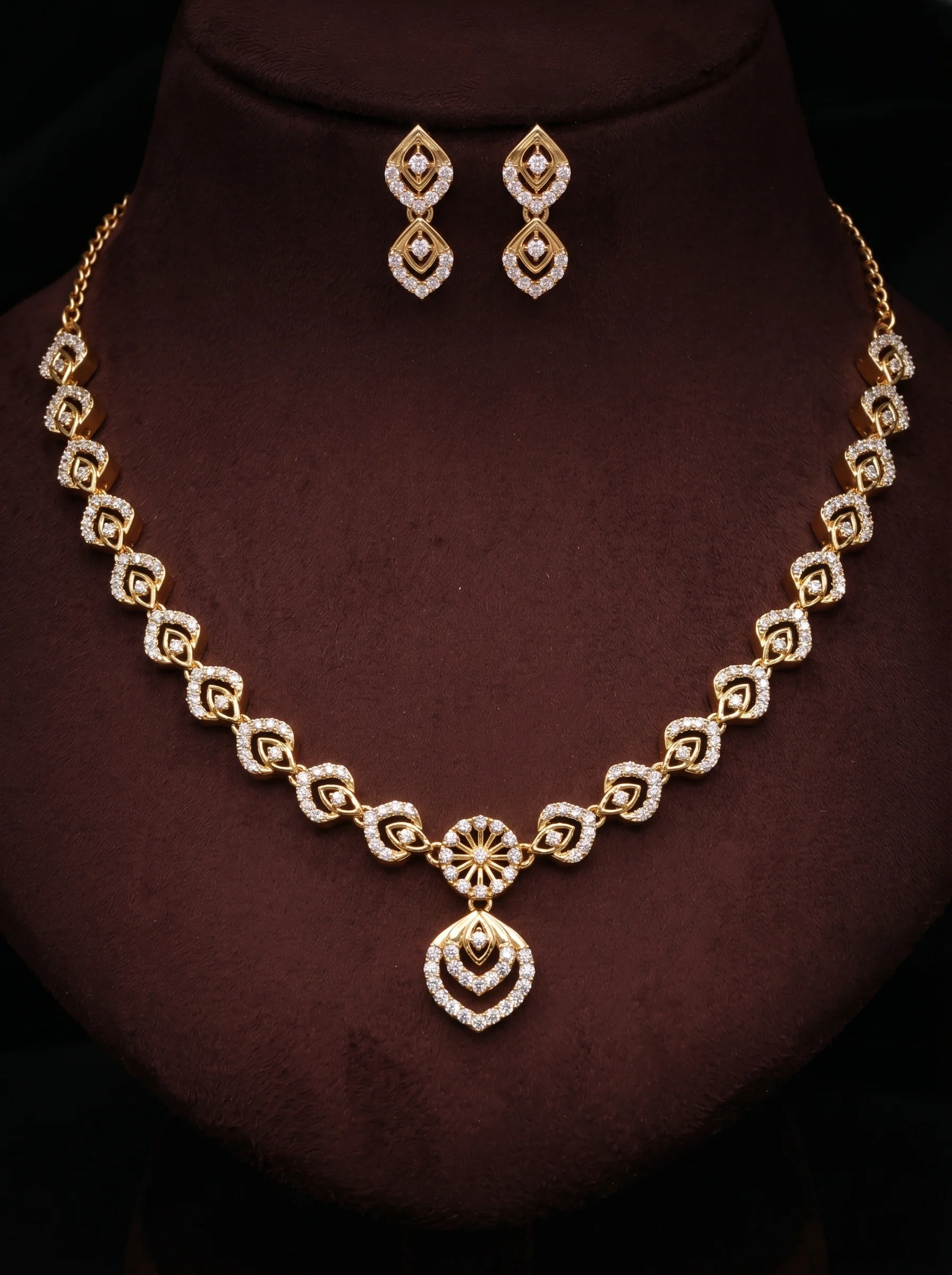 Gold Plated Leaf CZ Necklace Set