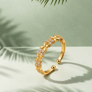 White Stone Floral Gold Plated Adjustable Ring