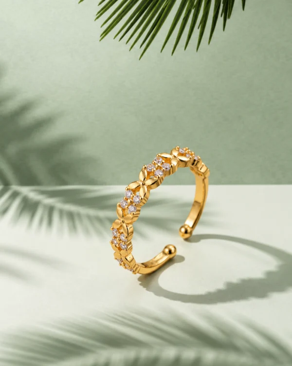 White Stone Floral Gold Plated Adjustable Ring