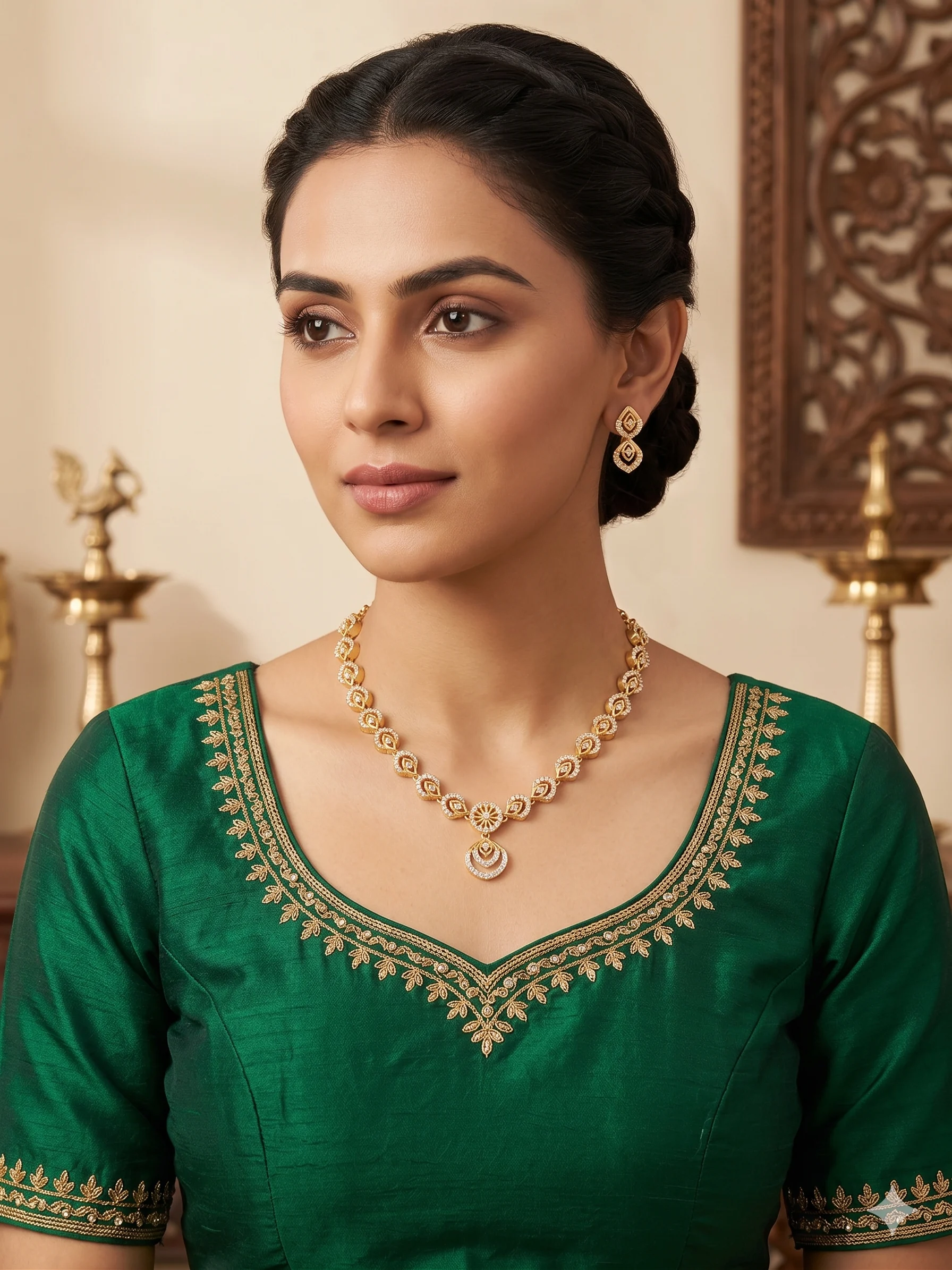 Gold Plated Leaf CZ Necklace Set - Image 2