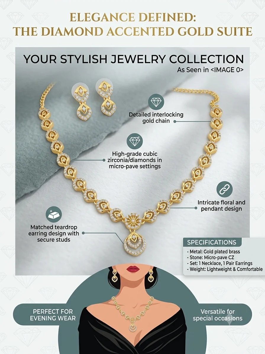 Gold Plated Leaf CZ Necklace Set - Image 3