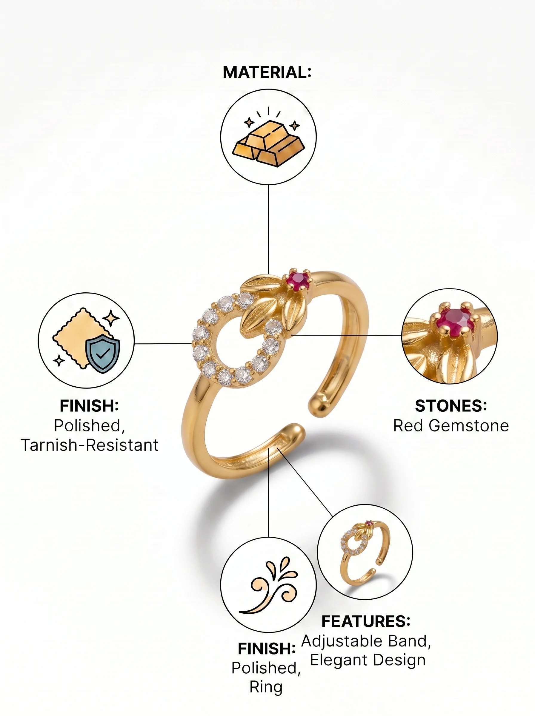 old Plated Floral Halo Adjustable Ring - Image 2