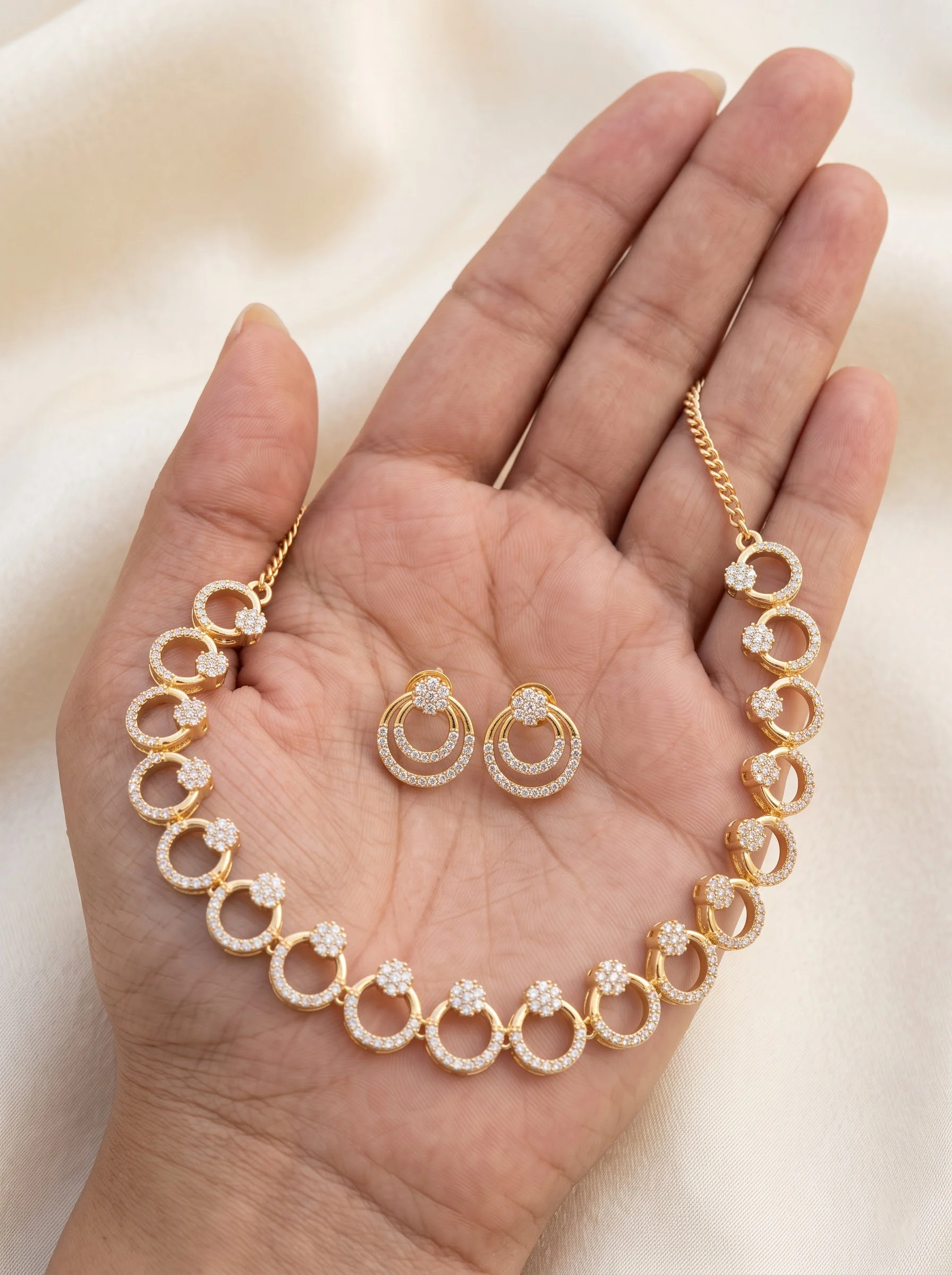 Gold Plated Circular Diamond Necklace Set - Image 7