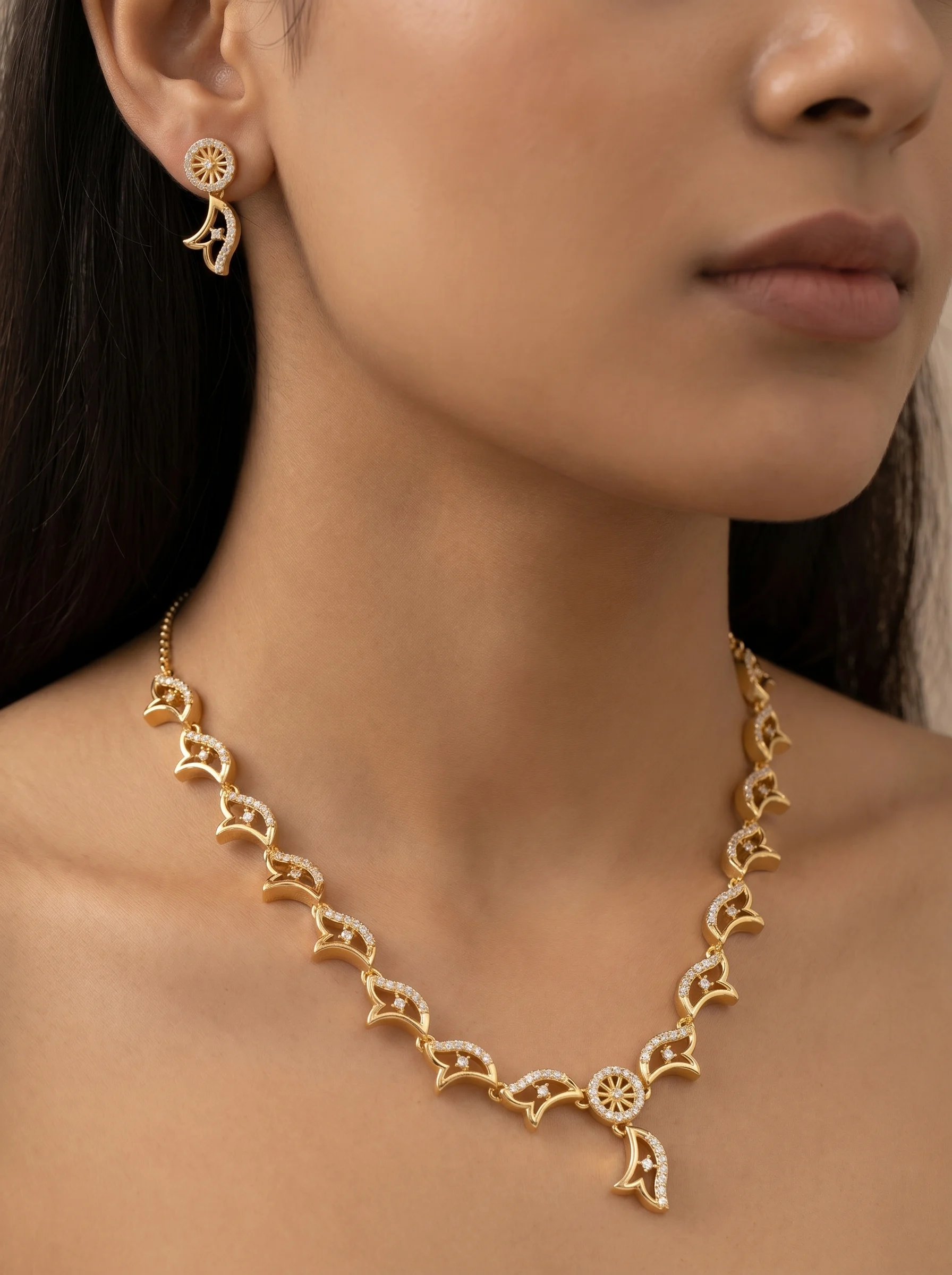 Gold Plated Floral Designer CZ Necklace Set - Image 3