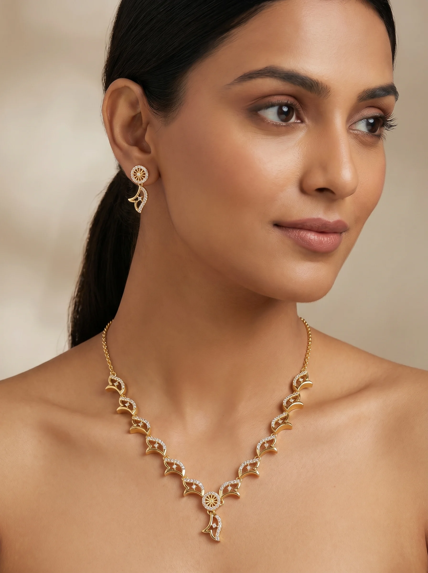 Gold Plated Floral Designer CZ Necklace Set - Image 4