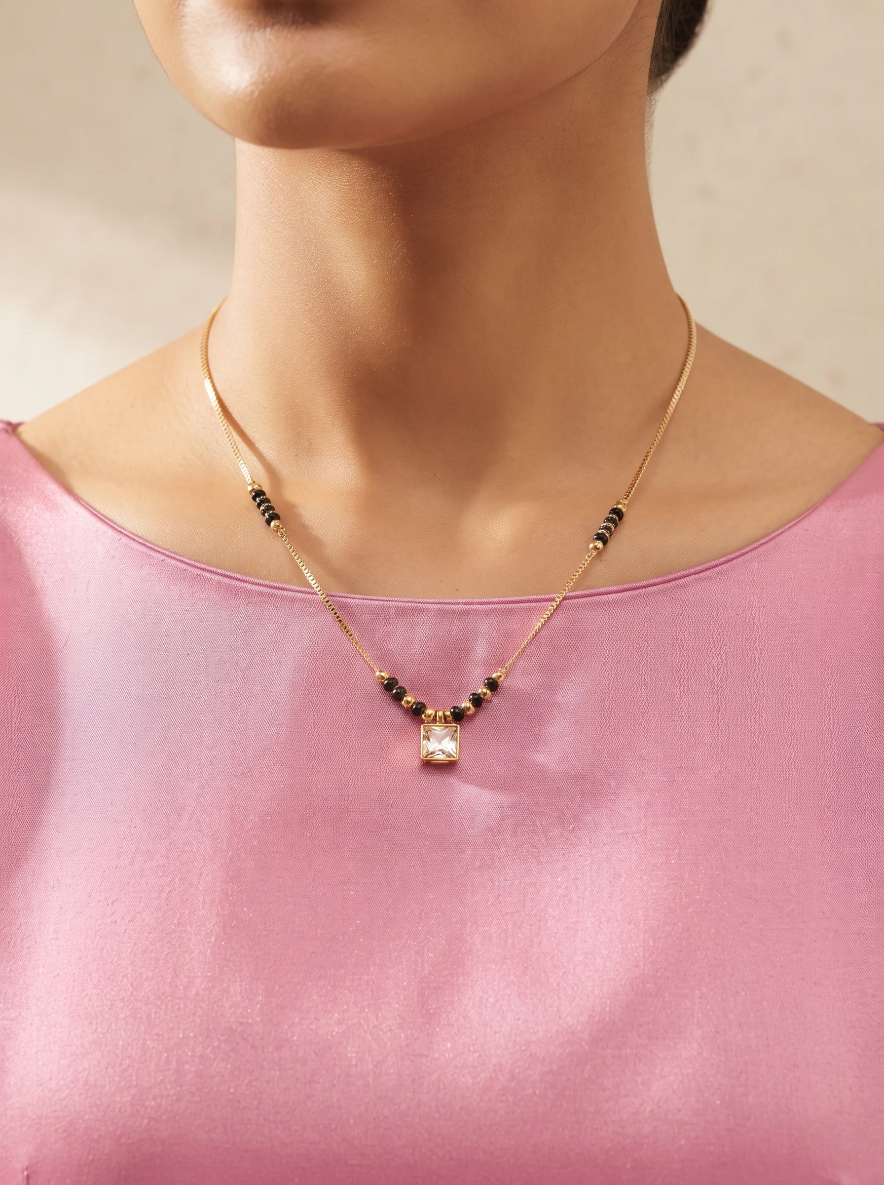 Gold-Plated Black Beaded Square Pendant Mangalsutra - Image 5