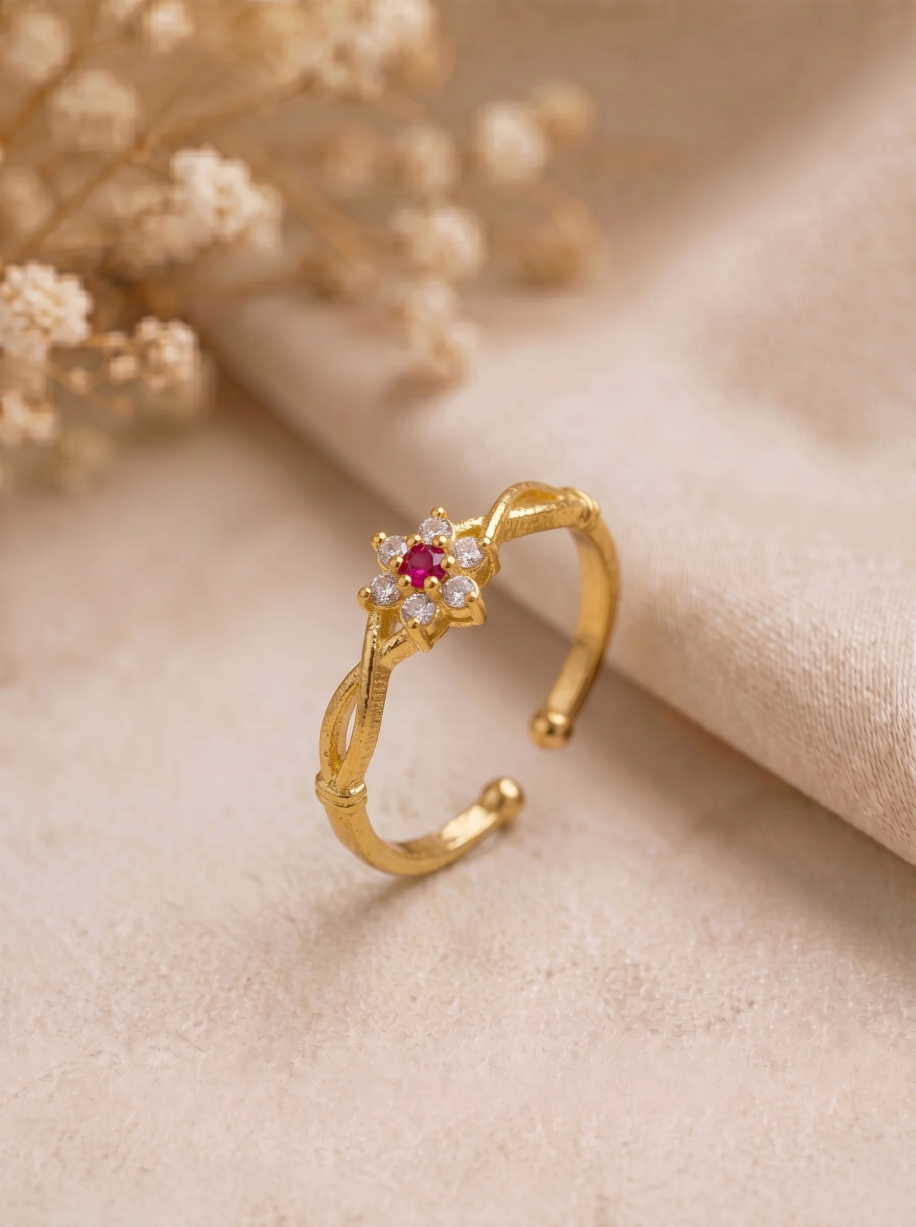 Gold Plated Floral CZ Adjustable Ring