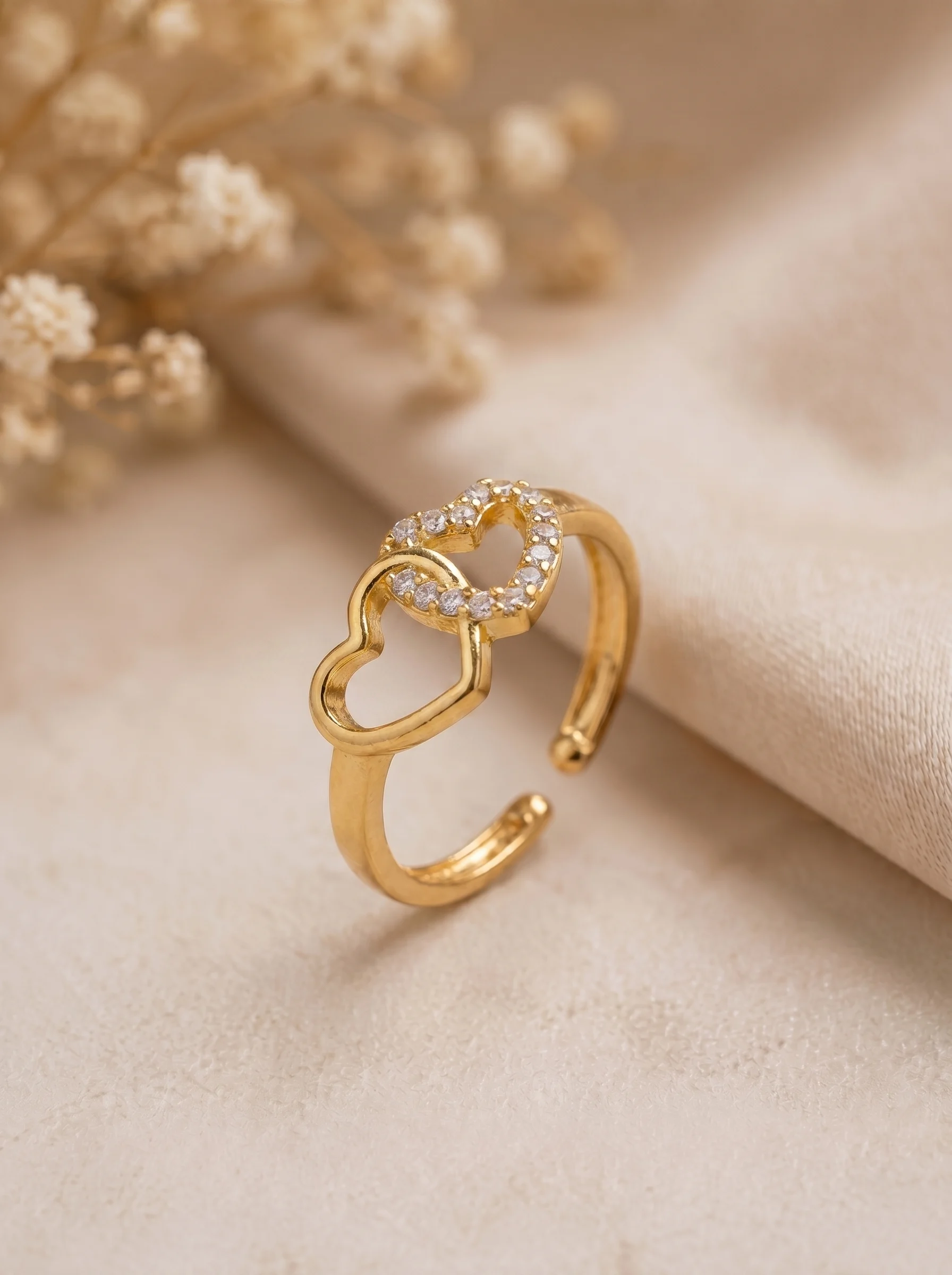 Gold Plated Double Heart Adjustable Ring