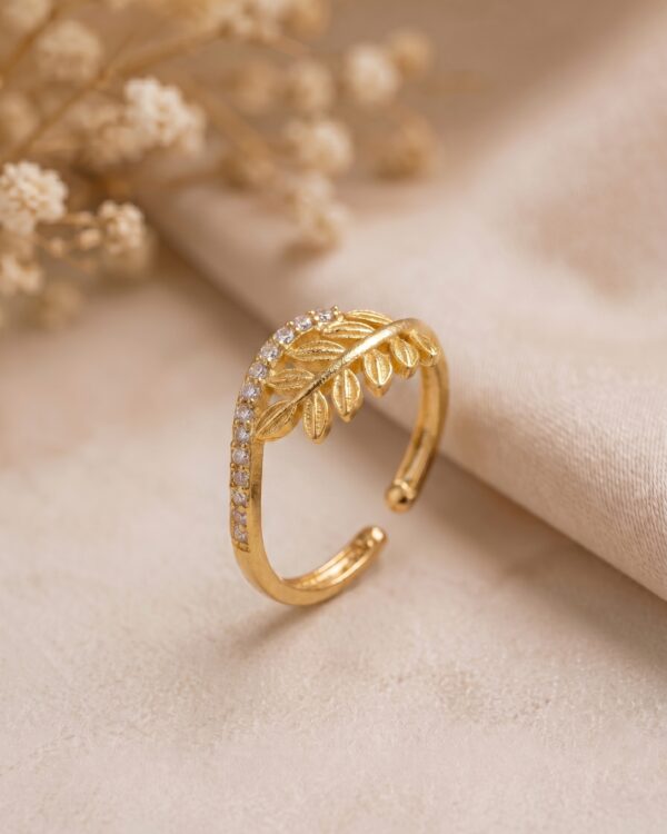 Gold Plated Leaf Adjustable CZ Ring