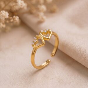 Gold Plated Double Heart Adjustable Ring