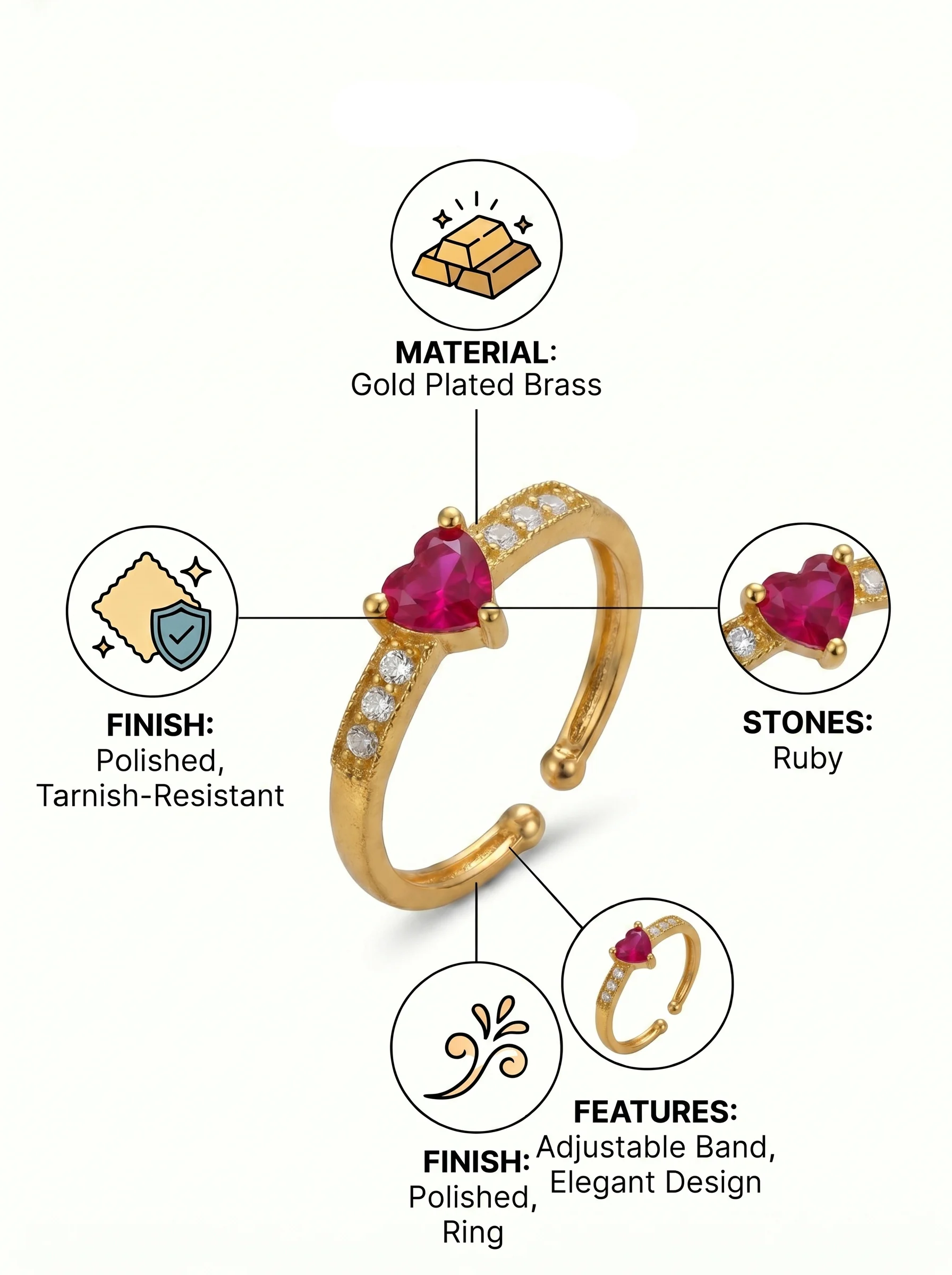 Gold Plated Heart CZ Adjustable Ring - Image 6