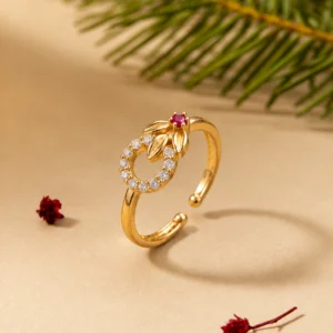 Ruby Red Stone Floral Gold Plated Adjustable Ring