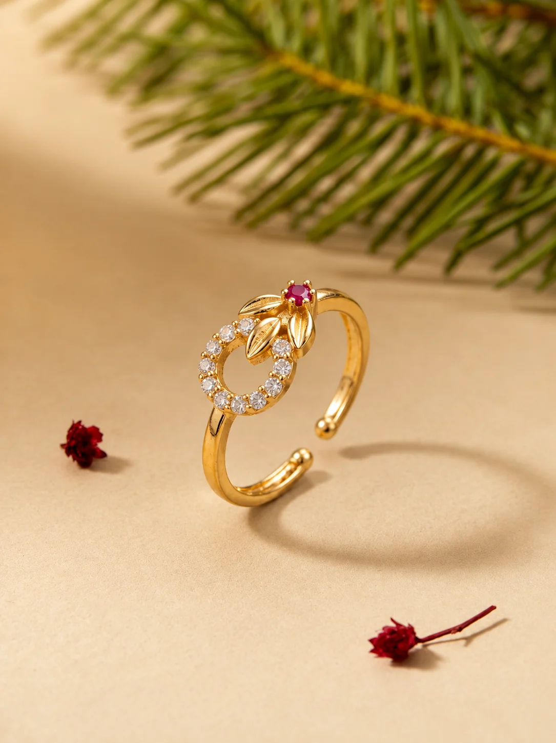 Ruby Red Stone Floral Gold Plated Adjustable Ring