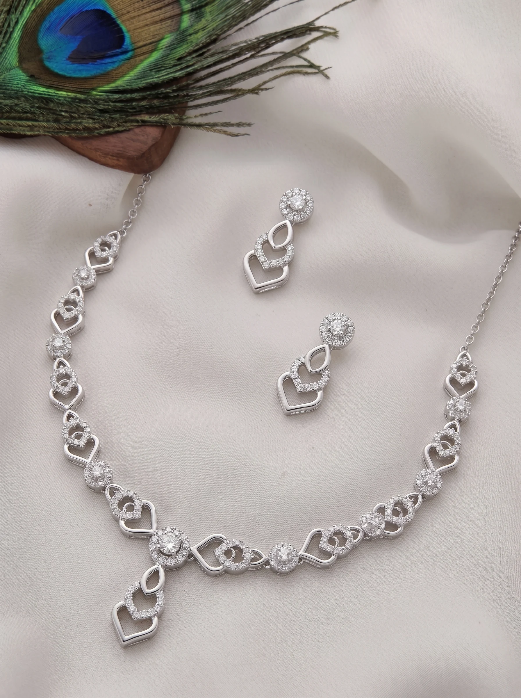 Silver Plated Heart Design CZ Necklace Set - Image 3