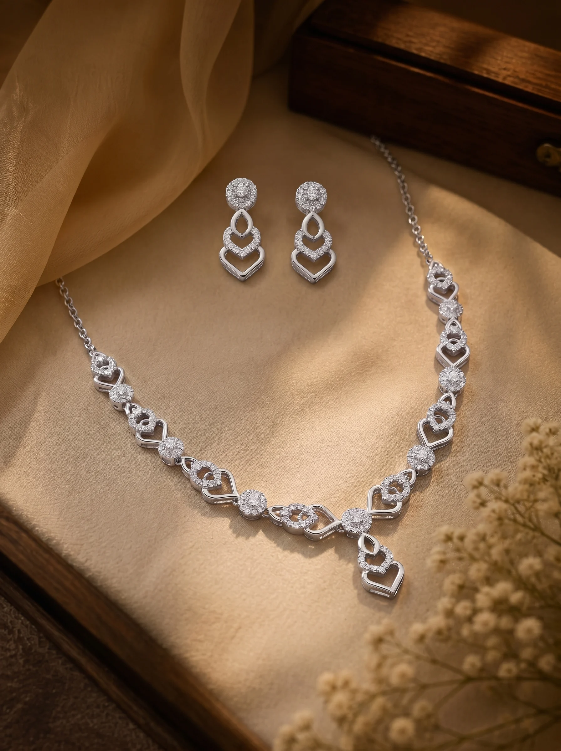 Silver Plated Heart Design CZ Necklace Set - Image 4
