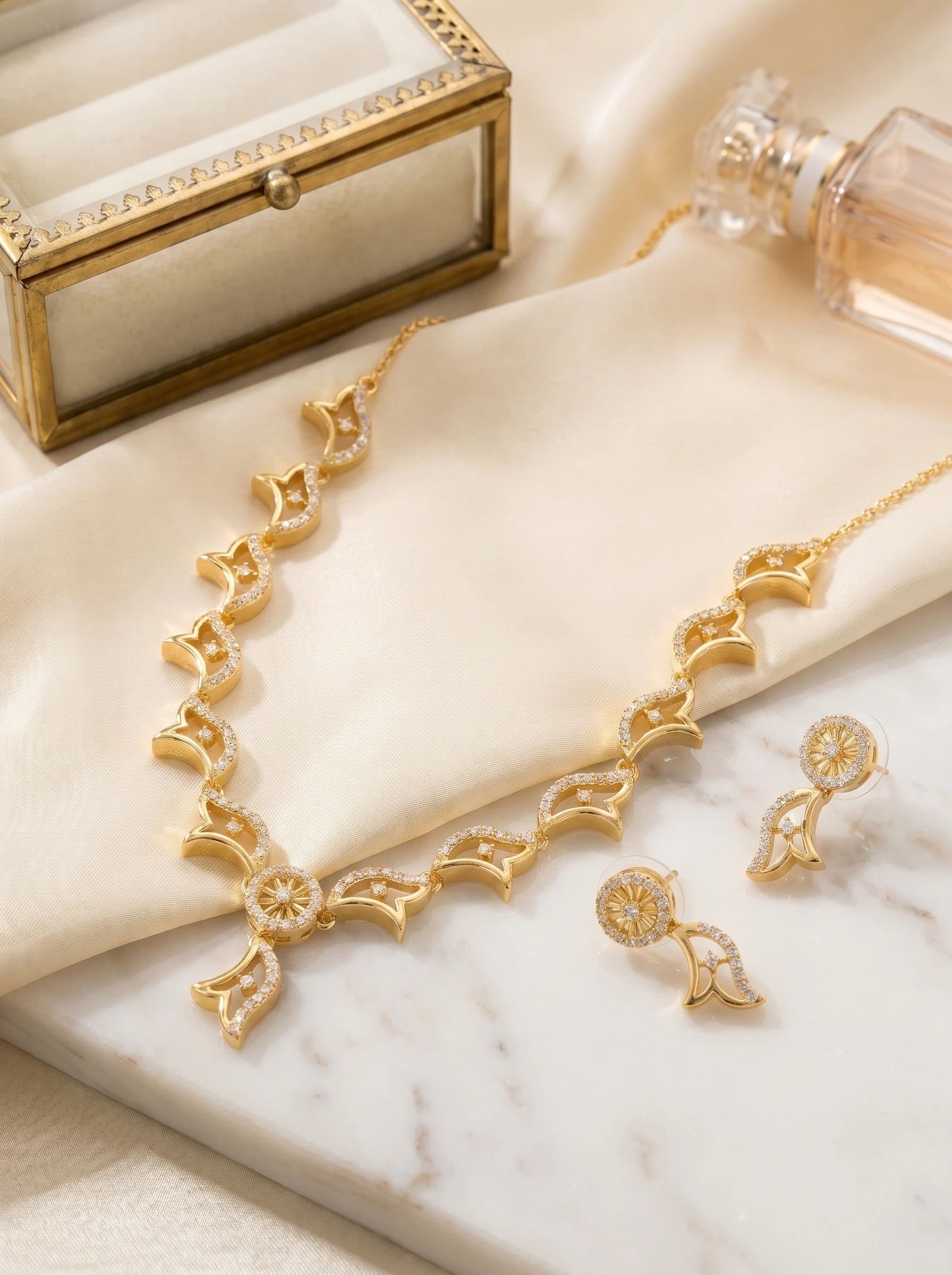 Gold Plated Floral Designer CZ Necklace Set - Image 5