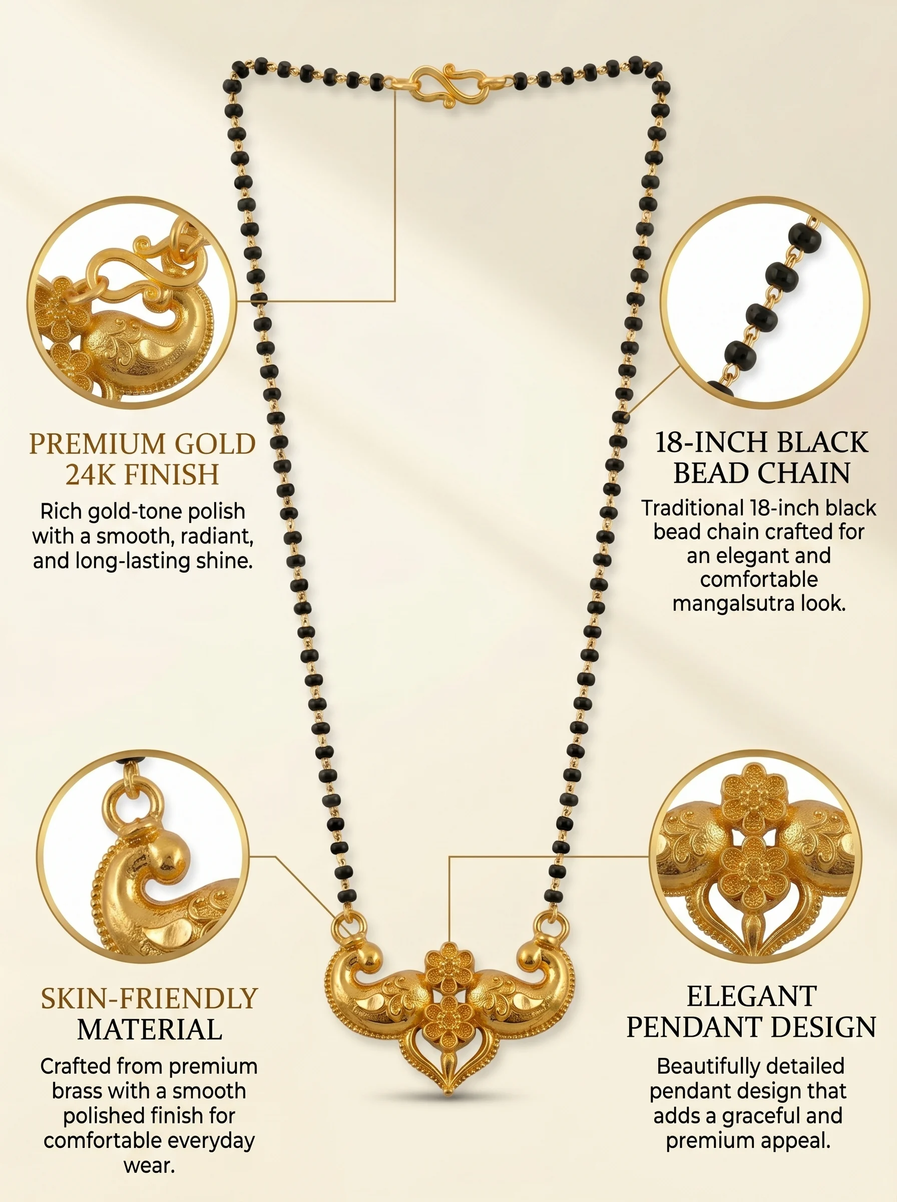 Classic Black Bead Gold Pendant Mangalsutra - Image 7