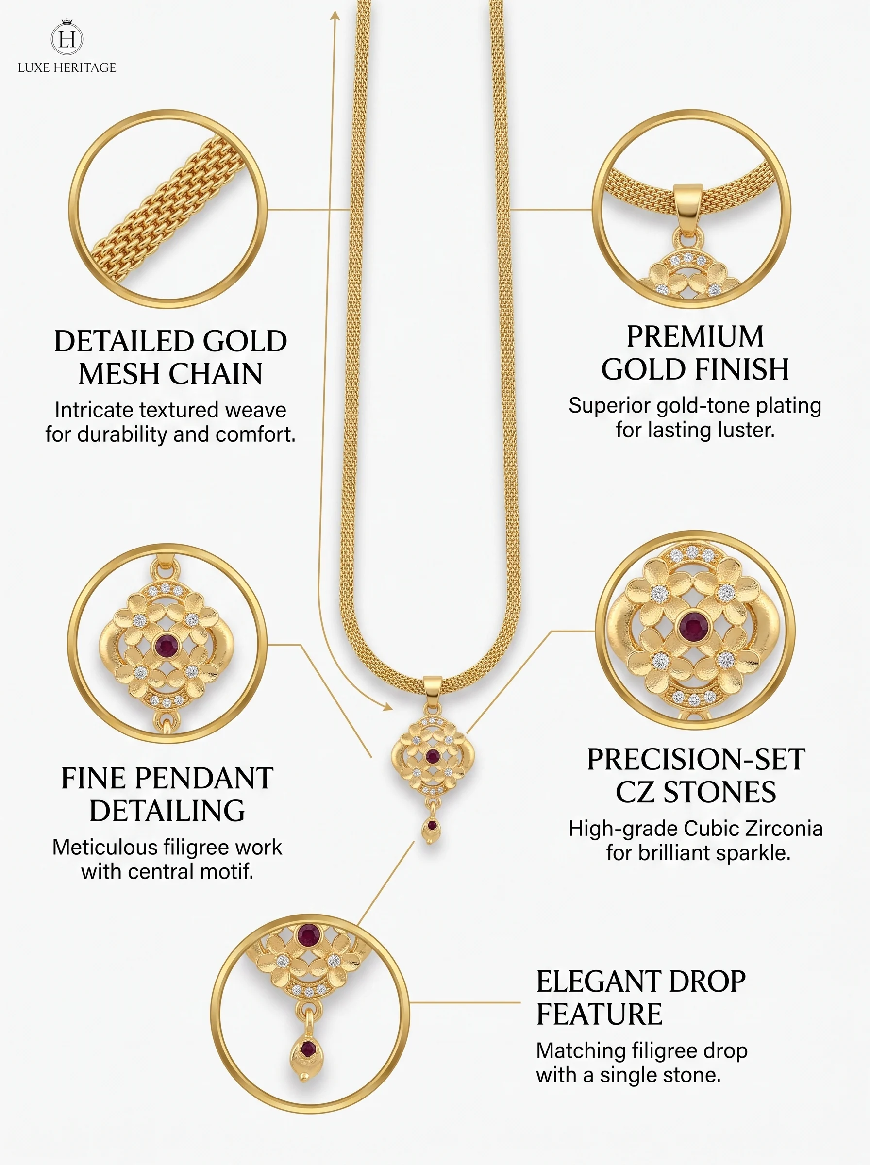 Floral Ruby-Inspired Gold Pendant with Snake Chain - Image 5