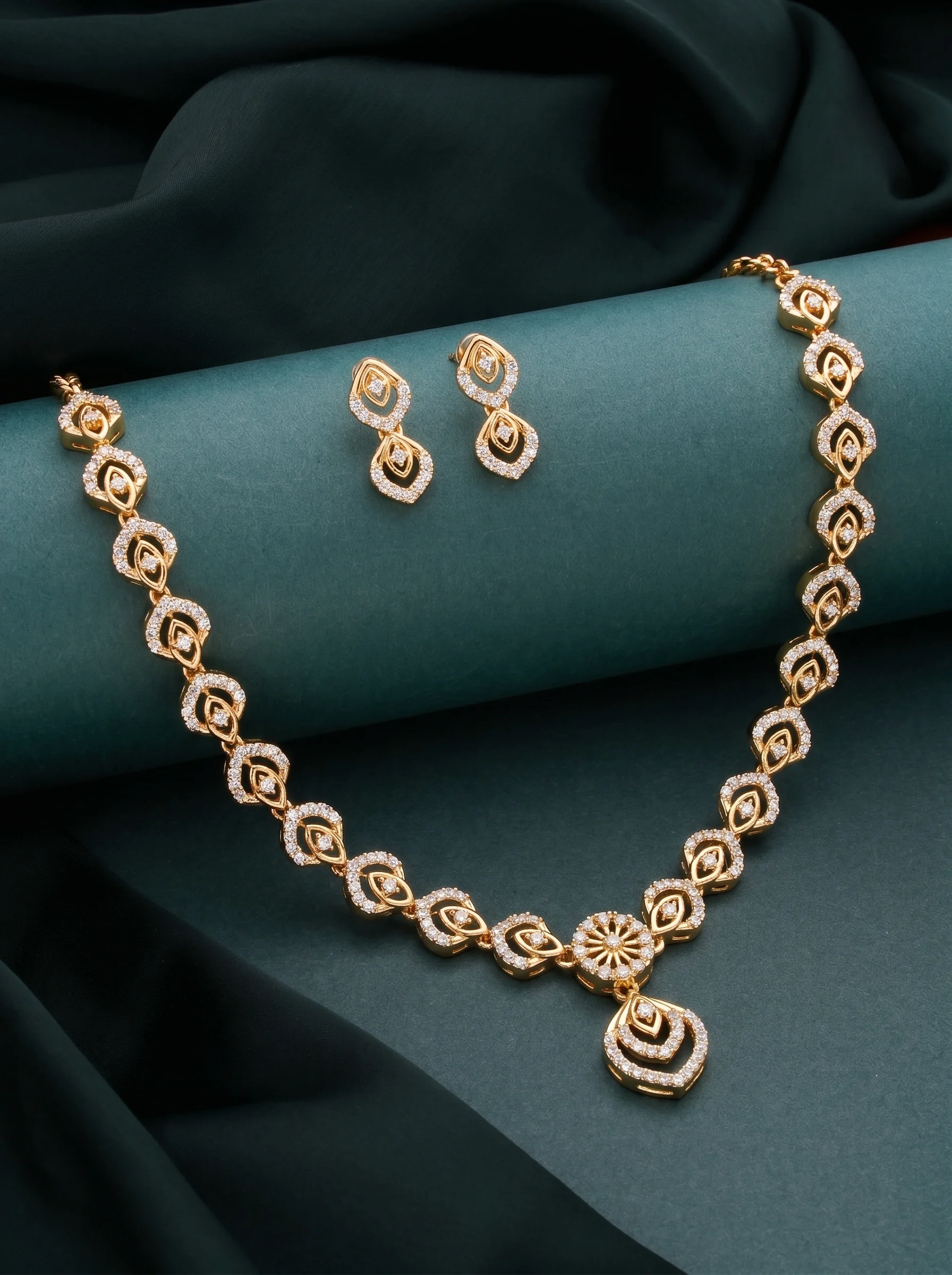 Gold Plated Leaf CZ Necklace Set - Image 5
