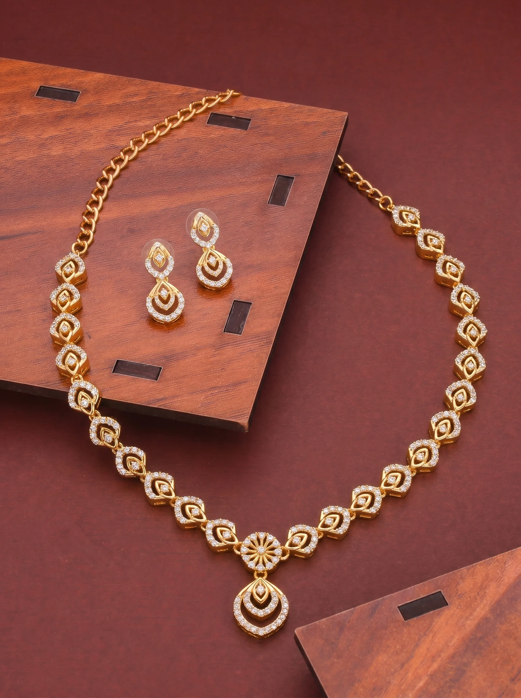 Gold Plated Leaf CZ Necklace Set - Image 6