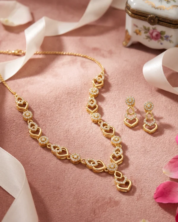 Gold Plated Heart Design CZ Necklace Set