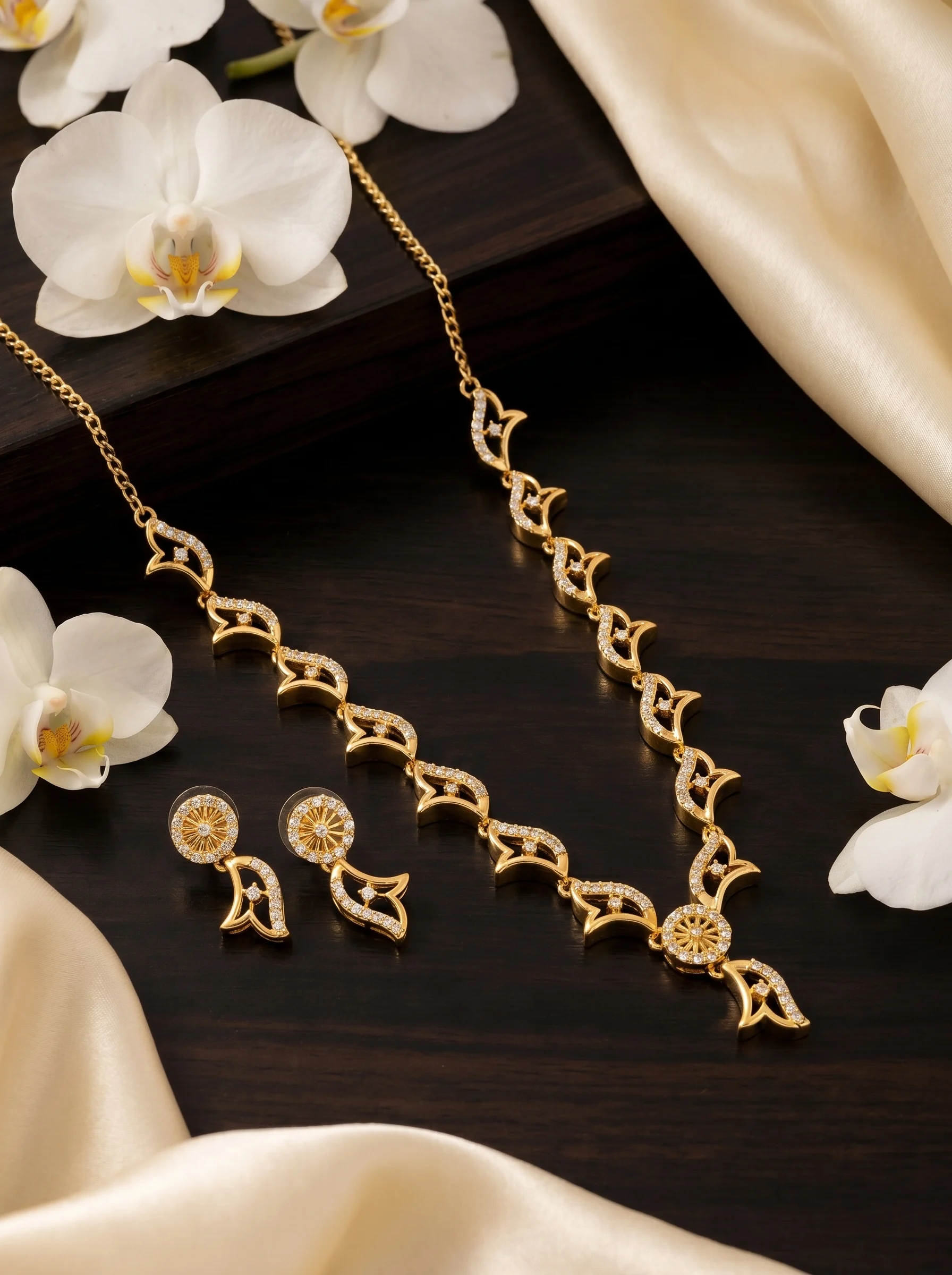 Gold Plated Floral Designer CZ Necklace Set - Image 7