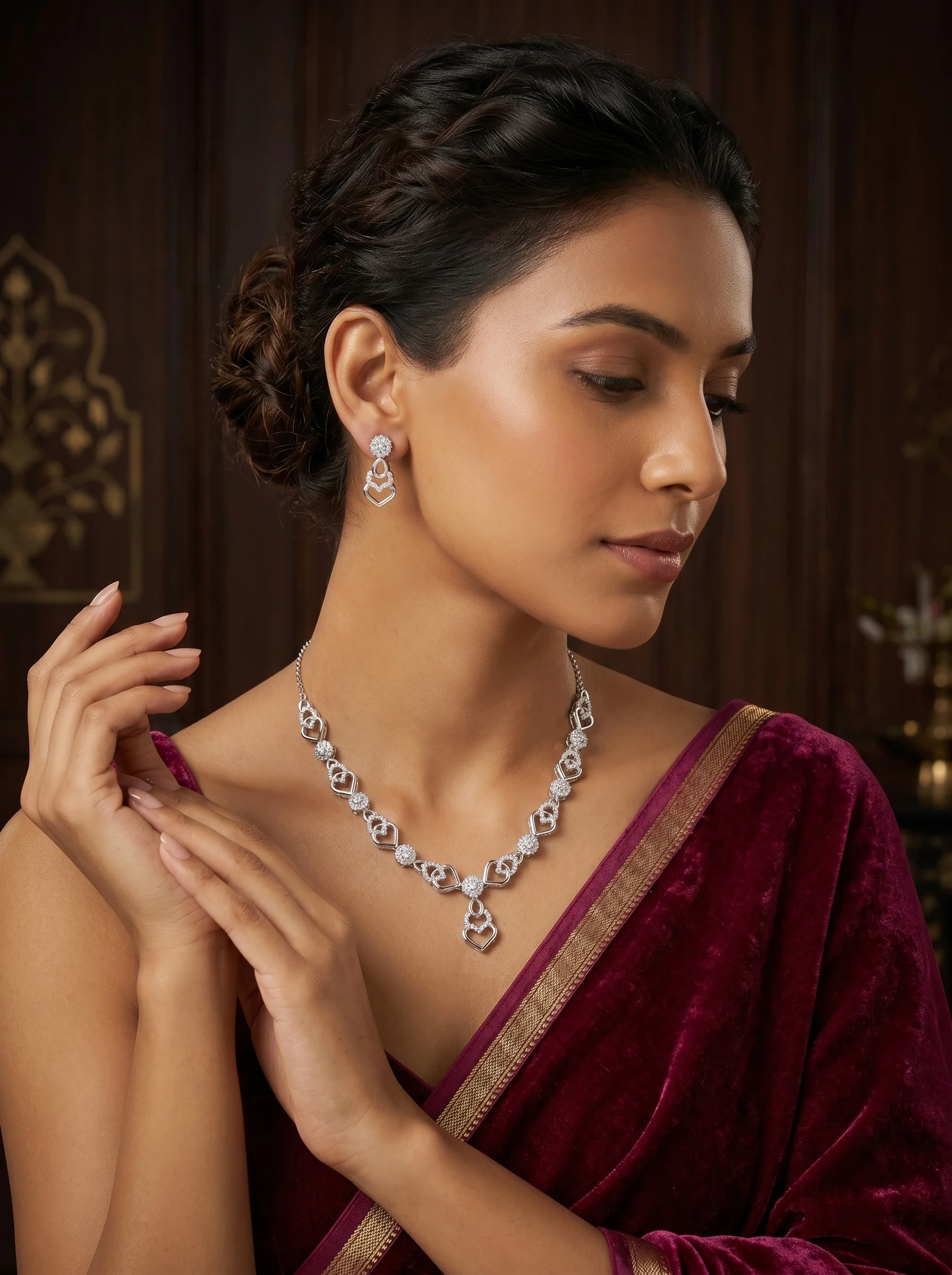 Silver Plated Heart Design CZ Necklace Set - Image 5