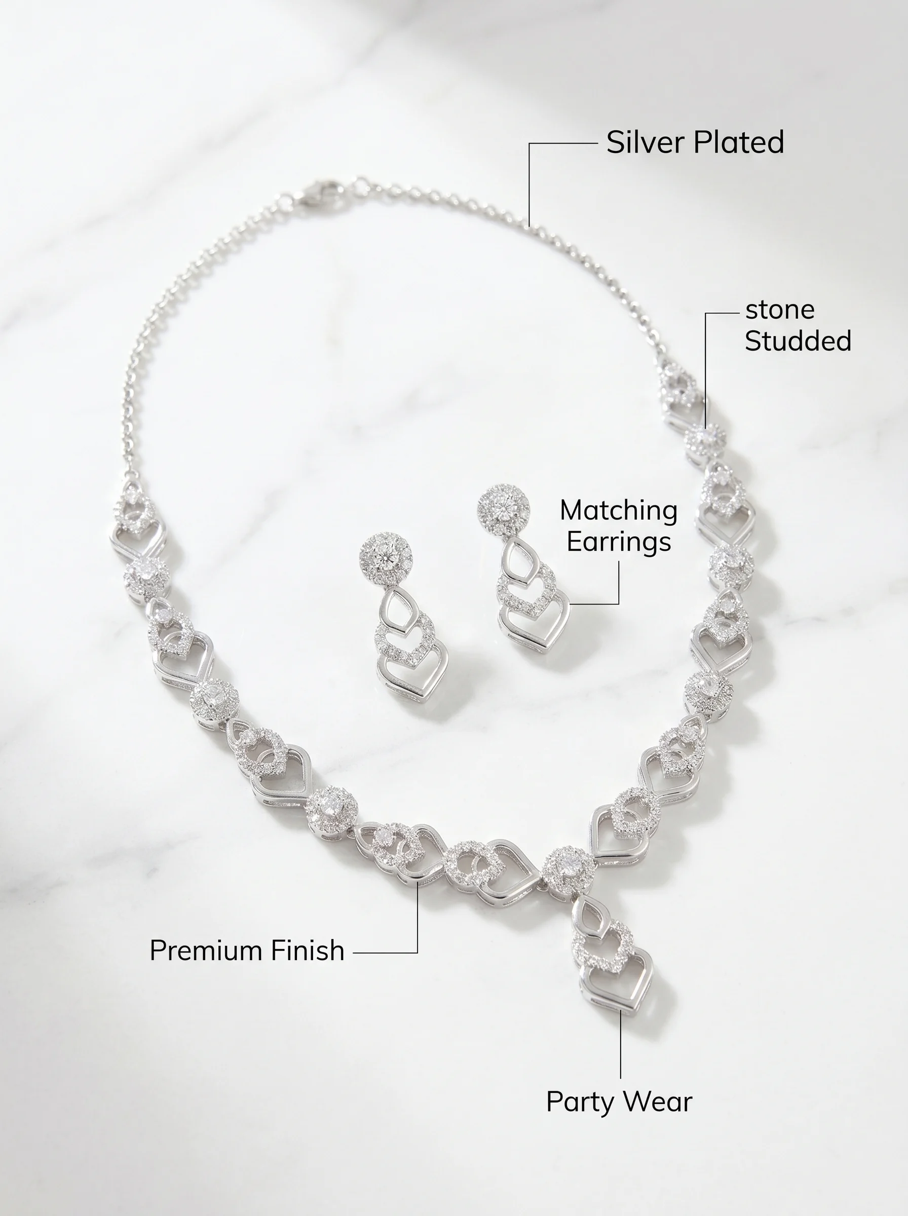 Silver Plated Heart Design CZ Necklace Set - Image 7