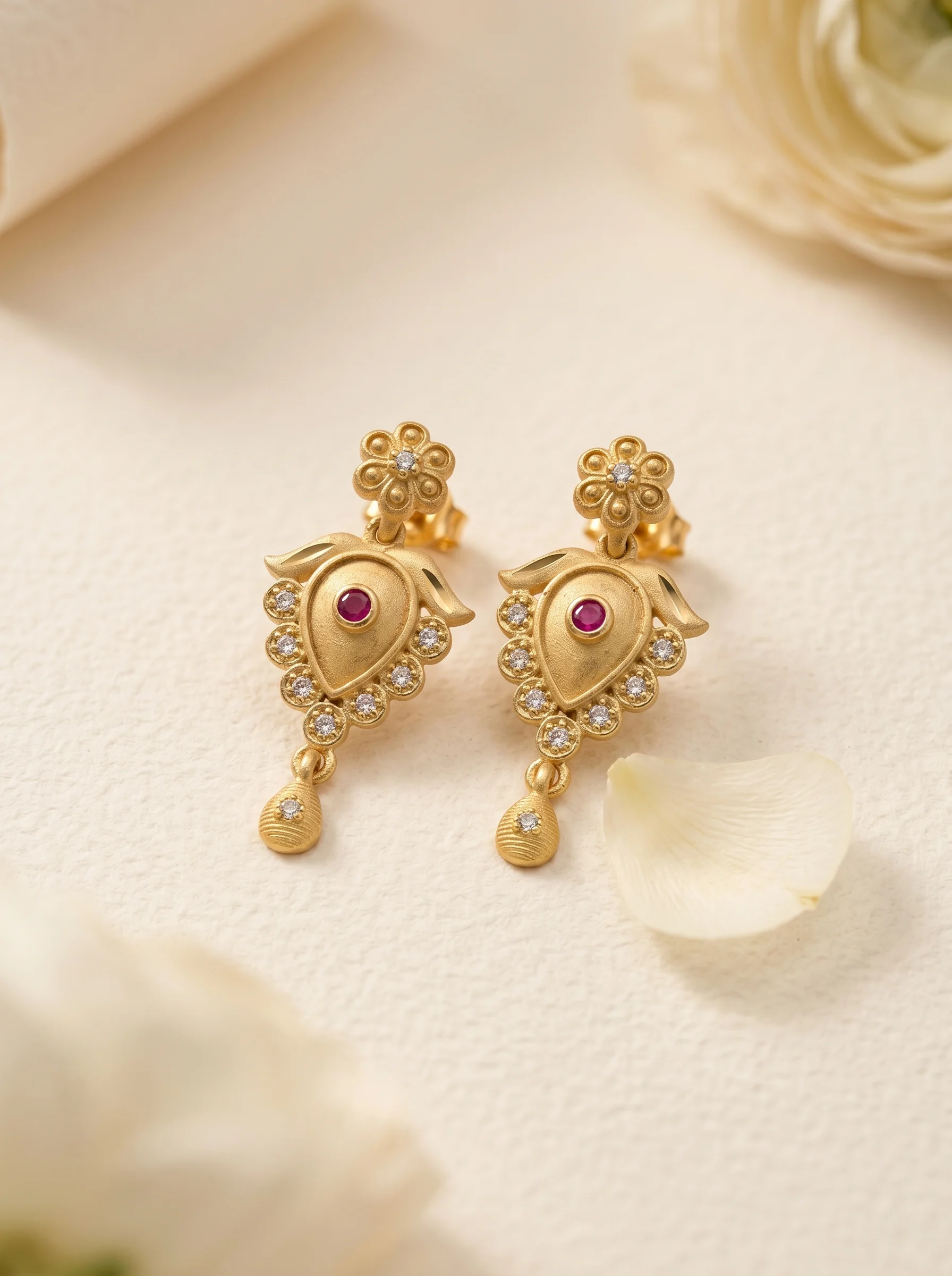 Ruby Bloom Gold Drop Earrings