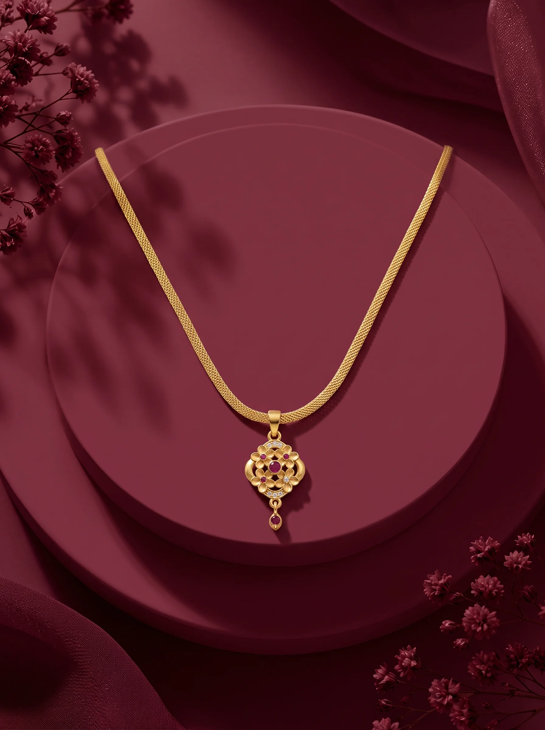 Floral Ruby-Inspired Gold Pendant with Snake Chain - Image 2