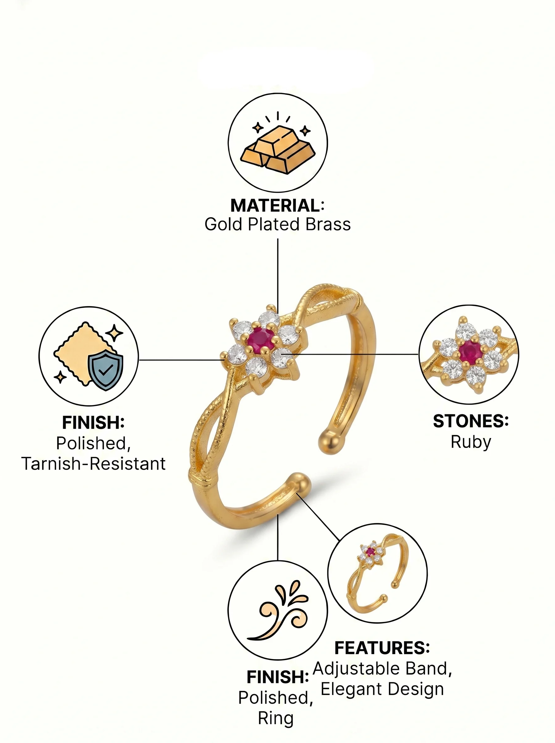 Gold Plated Floral CZ Adjustable Ring - Image 2