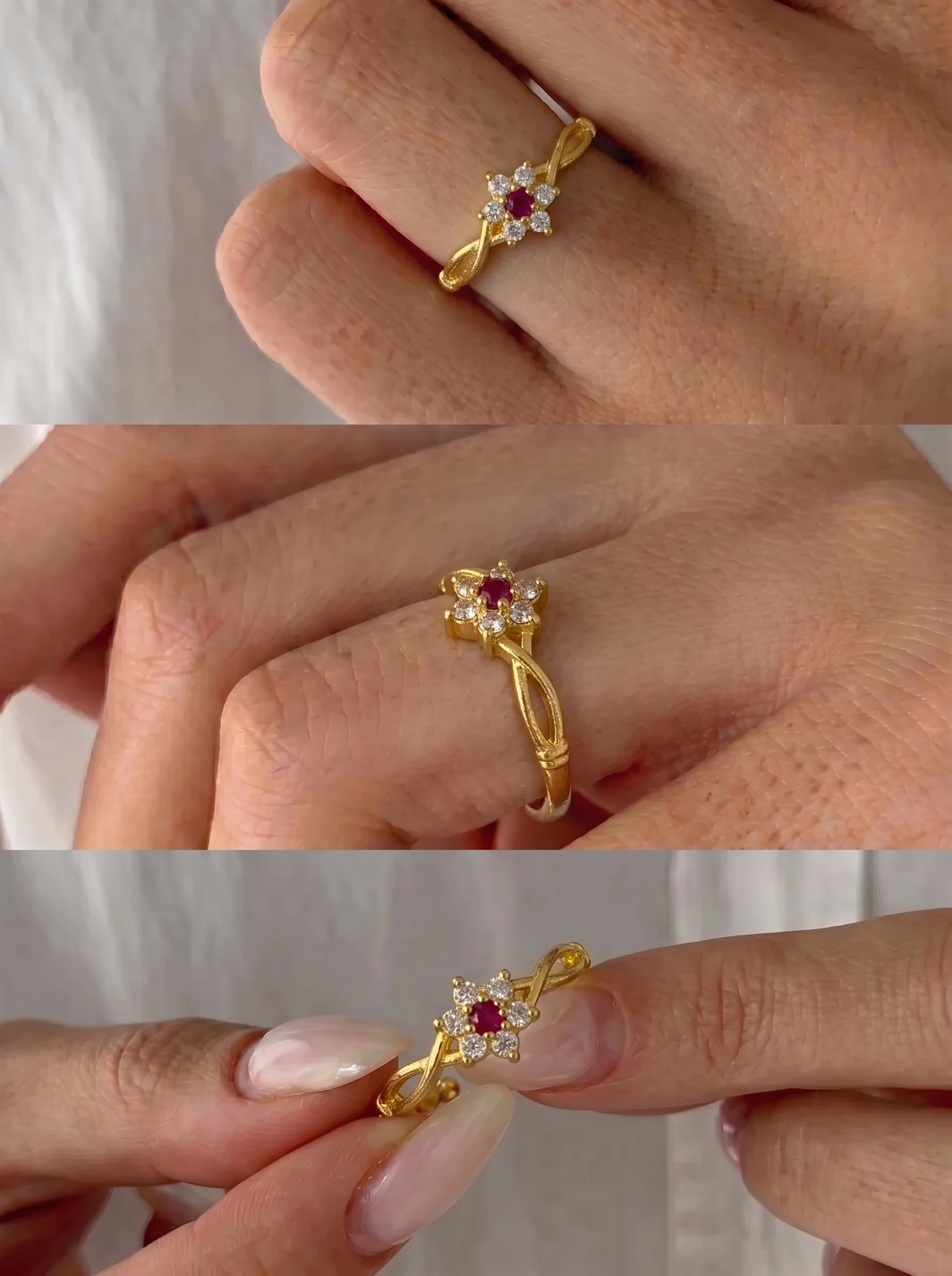 Gold Plated Floral CZ Adjustable Ring - Image 6