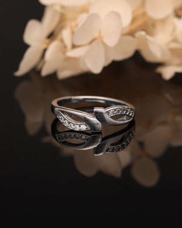 Silver Twin Leaf Crystal Ring