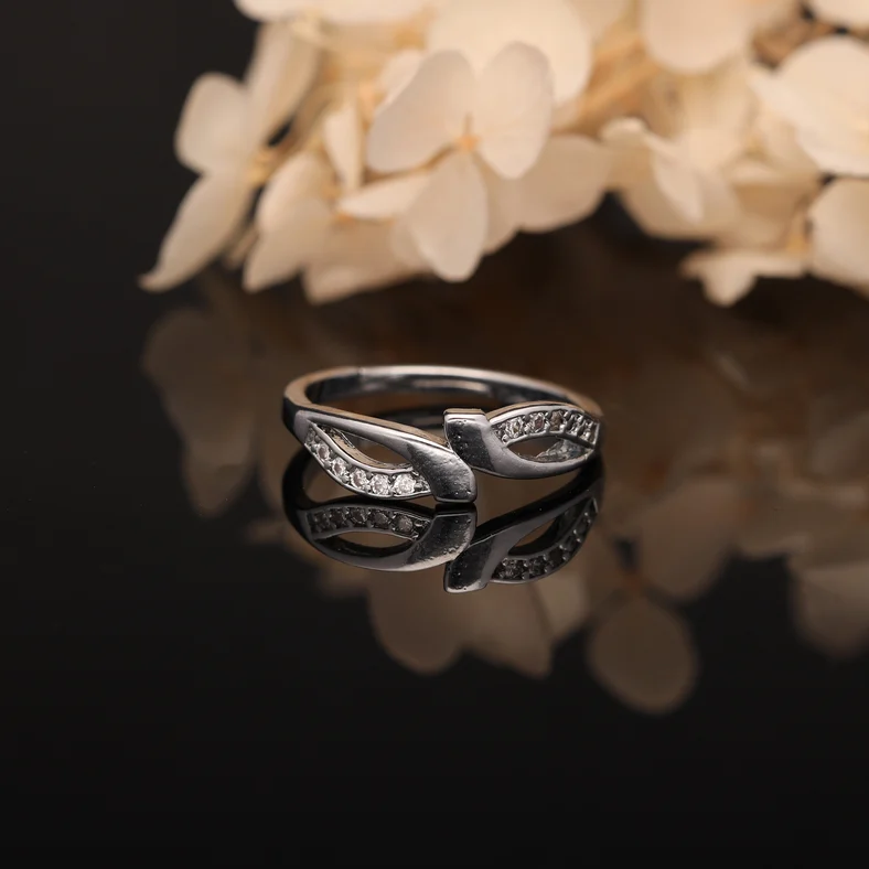 Silver Twin Leaf Crystal Ring