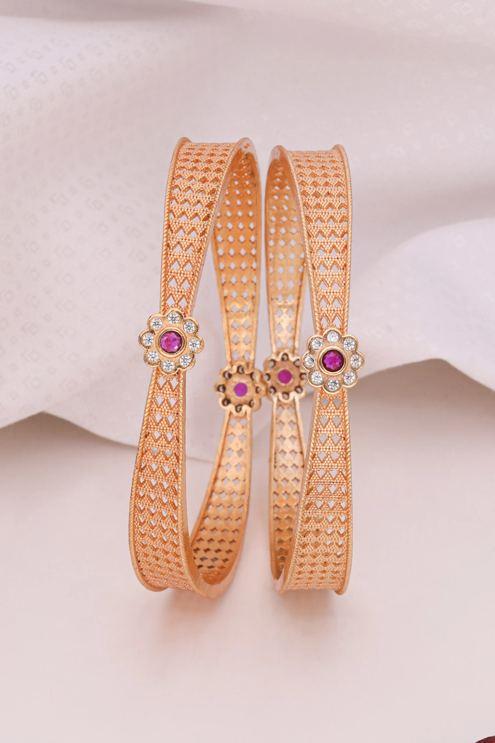 Golden Ruby Floral Mesh Bangle Pair - Image 5